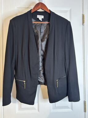 Carmen Marc Valvo Womens 14 Black Open Front Blazer Gold Zip Pockets Lined